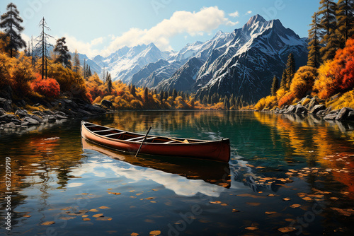 autumn scene with a boat, a boat on the shore of a lake. high quality illustration © ARAMYAN