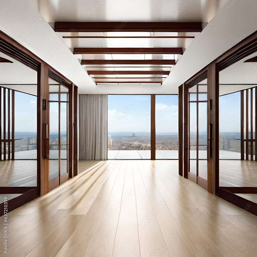 Fototapeta premium panorama view in empty modern hall with columns, doors and panoramic windows.AI generated