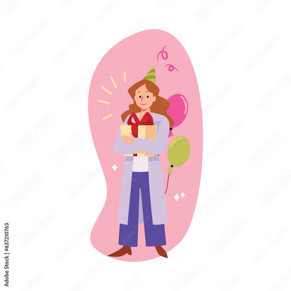 Smiling girl in party hat hugging gift box flat style, vector illustration Smiling girl in party hat hugging gift box flat style, vector illustration