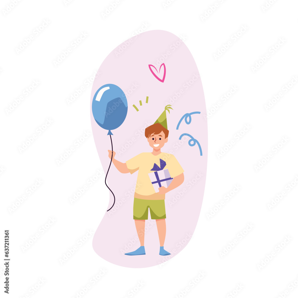 Happy boy holding gift box and balloon, flat vector illustration isolated on white background. Happy boy holding gift box and balloon, flat vector illustration isolated on white background.
