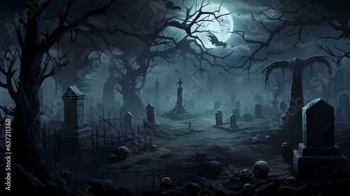 Halloween background with bats flying over cemetery.Halloween background with Evil Pumpkin. Spooky scary dark Night forrest. Holiday event halloween banner background concept © Planetz