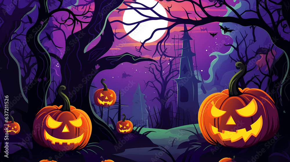 Halloween background with scary pumpkins and house haunted.Halloween background with Evil Pumpkin. Spooky scary dark Night forrest. Holiday event halloween banner background concept Halloween background with scary pumpkins and house haunted.Halloween background with Evil Pumpkin. Spooky scary dark Night forrest. Holiday event halloween banner background concept