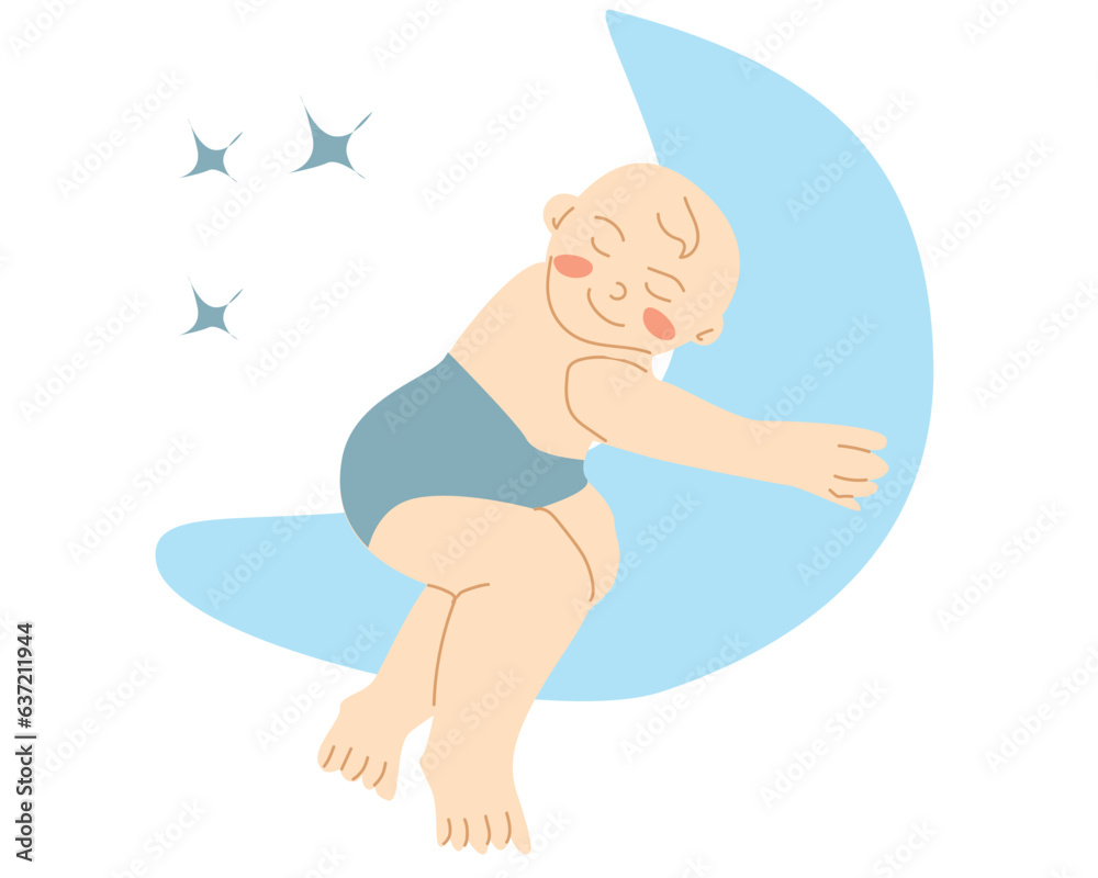 Cartoon cute baby boy sleeping on the moon