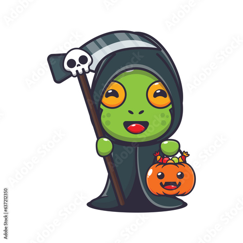 Grim reaper frog  holding scythe and halloween pumpkin. 