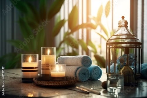 Spa composition with candles and towels on wooden table