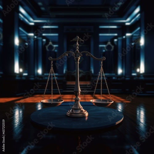 Scales of Justice in the dark Court Hall. Law concept of Judiciary. Generative ai