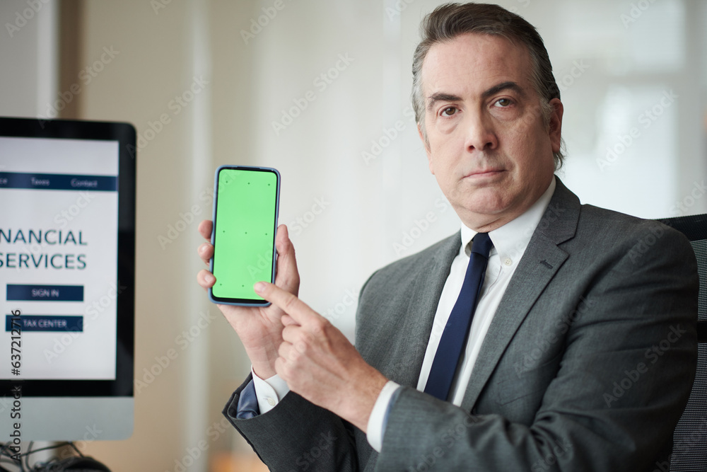 Portrait of mature businessman showing mobile application her uses to manager company finances