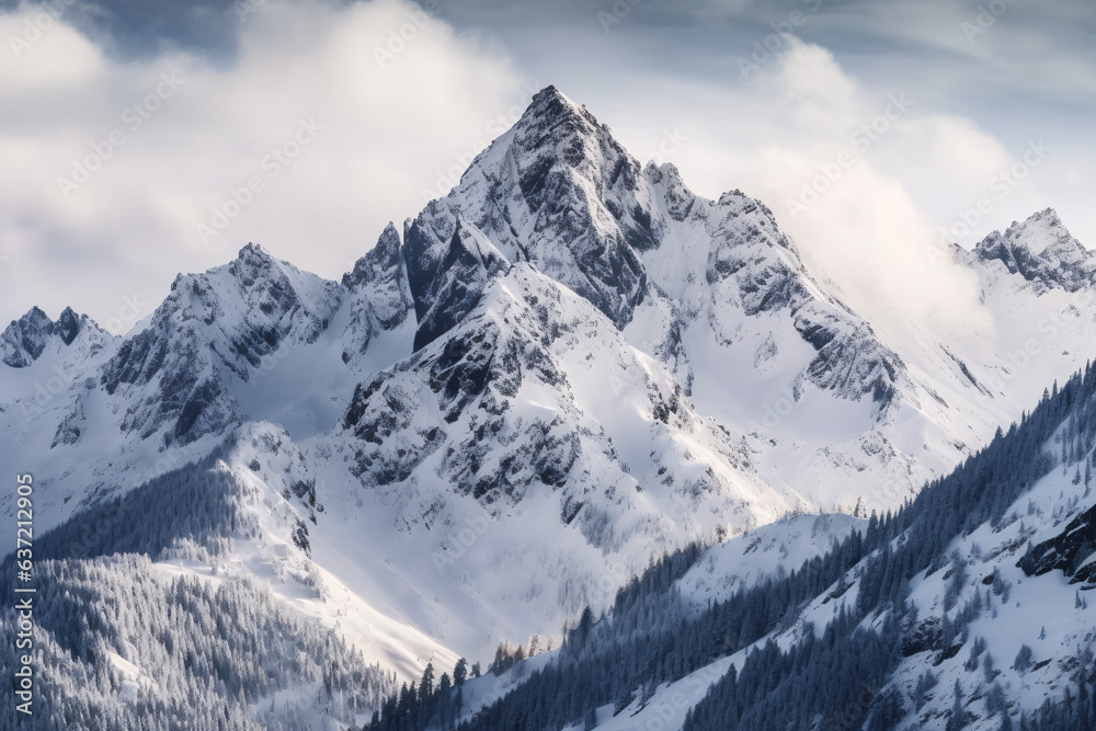 Mountain landscape with snow covered peaks and coniferous forest. Mountain landscape with snow covered peaks and coniferous forest.