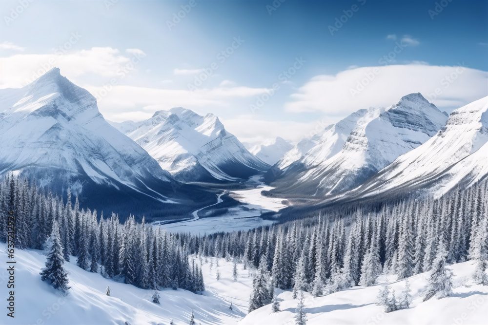Winter mountains panorama with snow covered fir trees and blue sky.