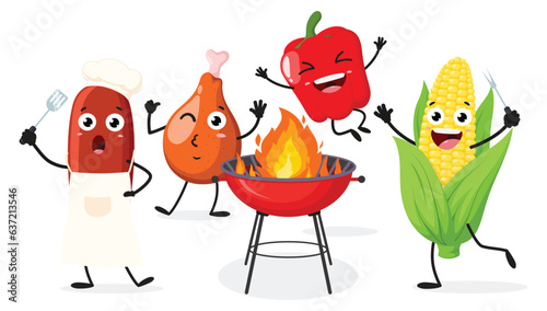 Cute Bbq cartoon character, barbecue food and cooking tools, Grill, grid, steak, glove, sausages and meat