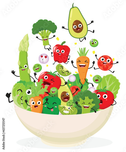 Cute vegetable cartoon in bowl, set of cute character