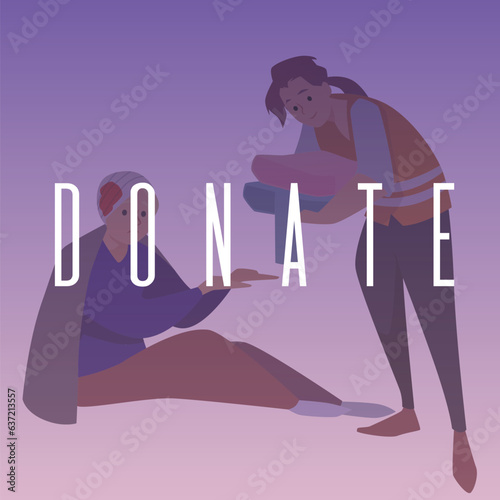 Volunteer helping injured man, donation poster or social media post, flat vector illustration.