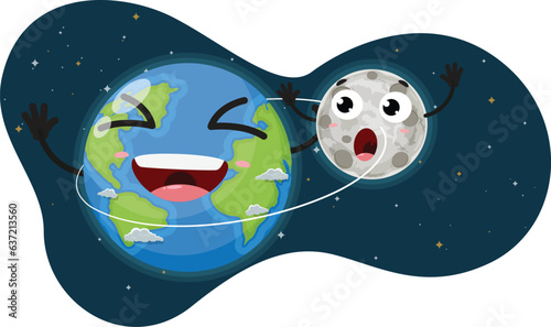 Earth and the moon cartoon characters, planets and satellites, isolated on white background