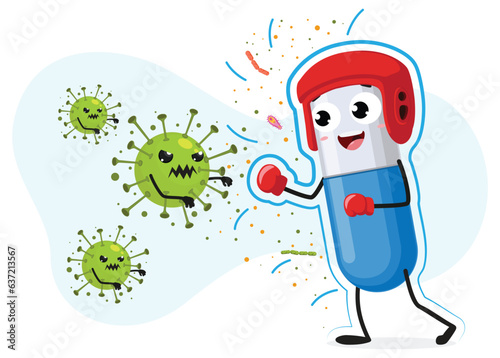 Happy strong pill guardian with boxing fight with bacteria microorganism virus