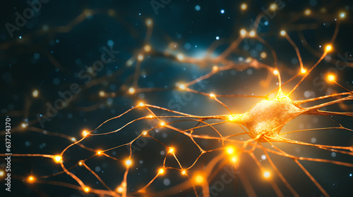 The image showcases a close-up of a vibrant, intricately interconnected network of neural pathways in the mammalian brain. Illuminated in a soft, golden light, intricate network 