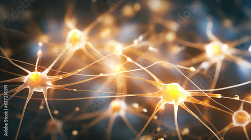 The image showcases a close-up of a vibrant, intricately interconnected network of neural pathways in the mammalian brain. Illuminated in a soft, golden light, intricate network  photo