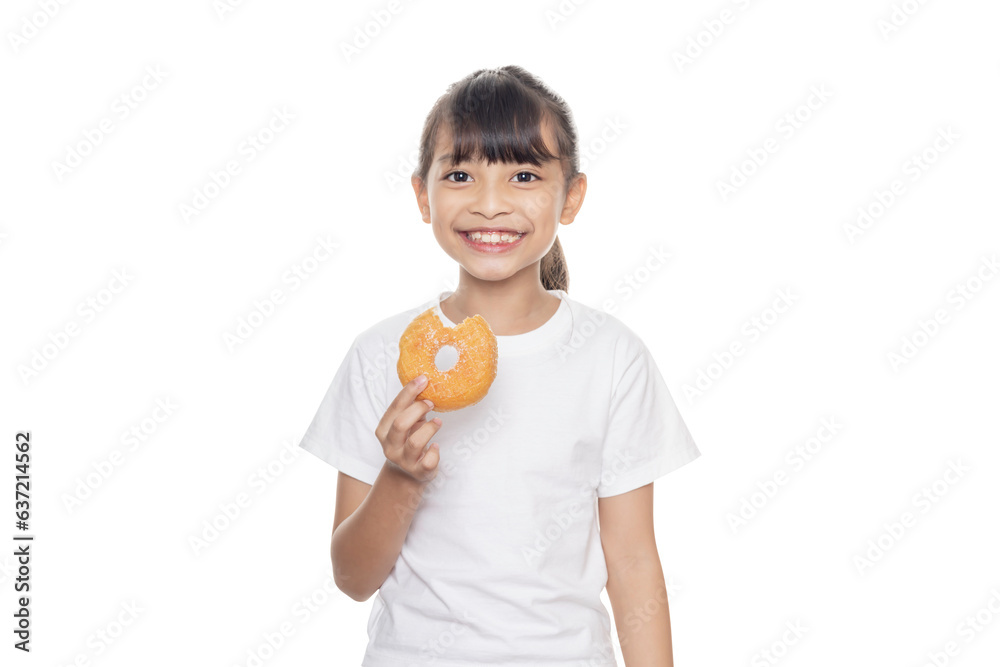 A little Asian girl holding donuts and smiling, holding isolated on white background with clipping path. The concept. kids and doughnuts, sweets. A little Asian girl holding donuts and smiling, holding isolated on white background with clipping path. The concept. kids and doughnuts, sweets.
