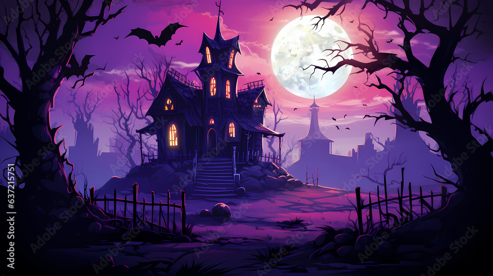 Halloween background with castle haunted..Halloween background with Evil Pumpkin. Spooky scary dark Night forrest. Holiday event halloween banner background concept