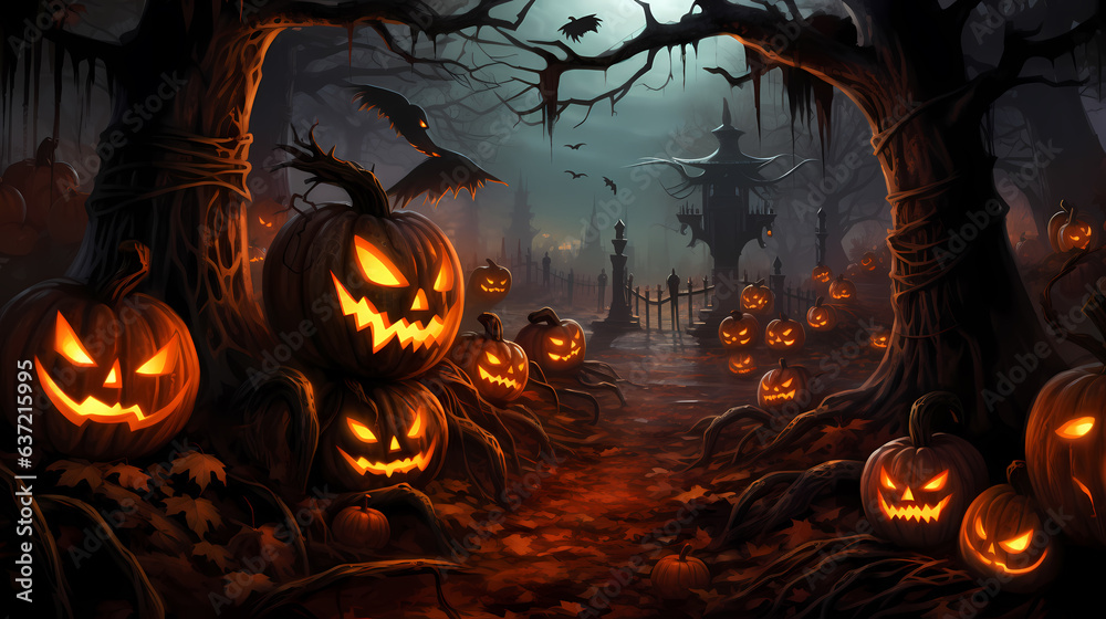 Happy Halloween background with scary pumpkins .Halloween background with Evil Pumpkin. Spooky scary dark Night forrest. Holiday event halloween banner background concept
