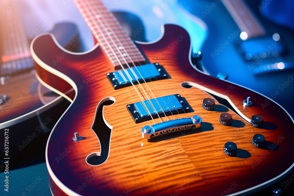 Electric guitar on blue background. Musical instrument for rock, blues and metal songs. - obrazy, fototapety, plakaty 