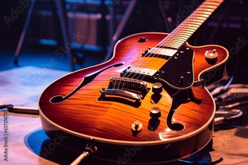 Electric guitar on the stage. Close-up. Musical instrument.