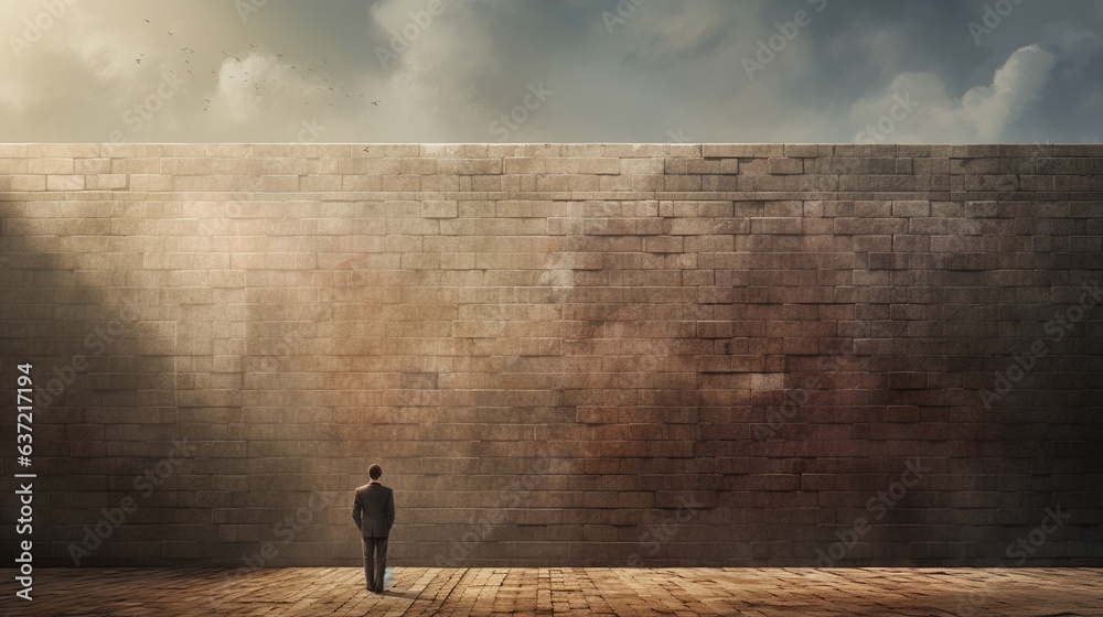 Illustration of a man talking to a wall. The man is standing against the wall. - obrazy, fototapety, plakaty 