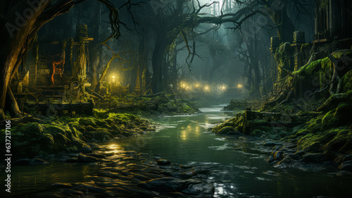 Enchanted Forest Scene with Green Water and Bridge