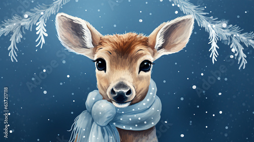 Illustration Christmas winter deer on winter blue background. Place for text, copyspace.