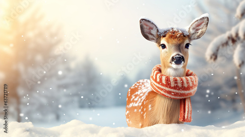 Christmas deer in a scarf on a winter background. Place for text  copyspace.
