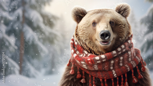 Big cute bear in  scarf on a winter background. Copy space, place for text. © dwoow