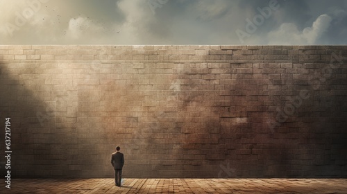 Illustration of a man talking to a wall. The man is standing against the wall.