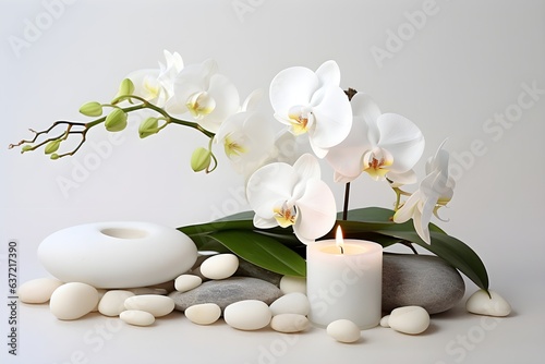 Serenity and Elegance: White Orchid, Rocks, and Candle in Home Decor