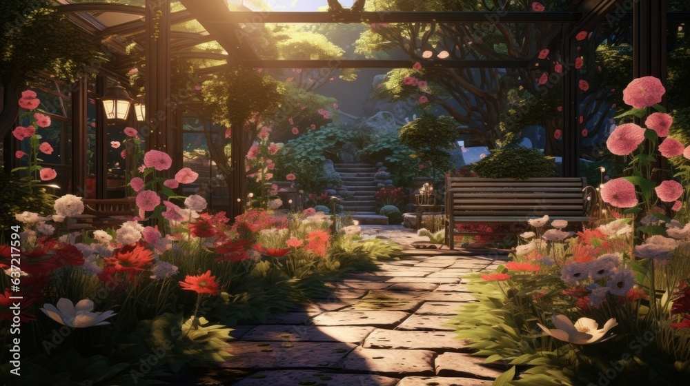 Technological Garden of Ideas: A garden-like setting with virtual flowers and plants, each representing a different innovative idea that blossoms in the world of remote work | generative AI