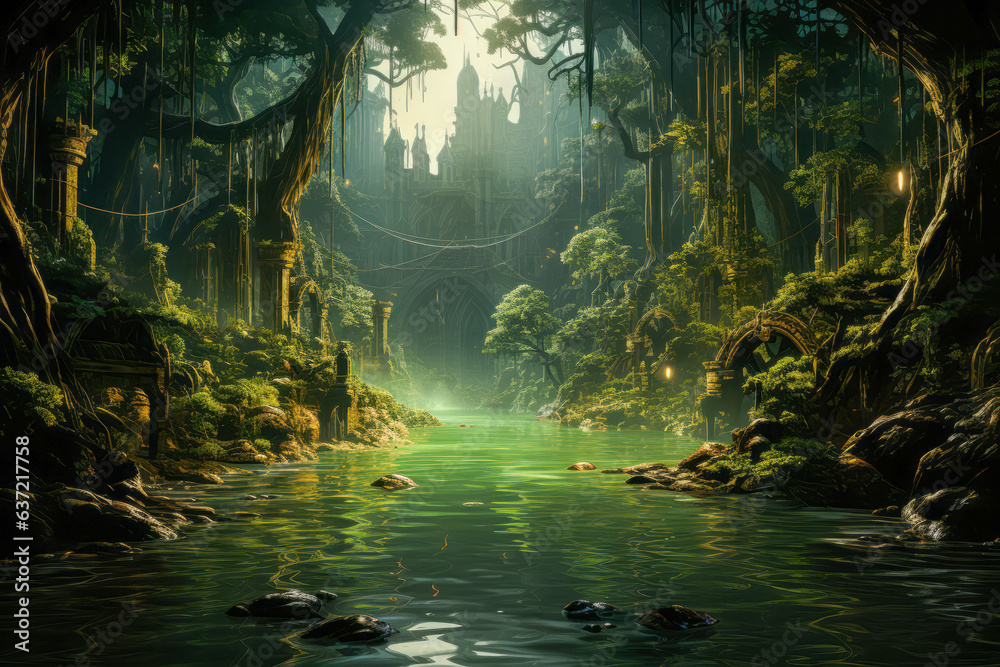 Fantasy Forest Landscape with River and Bridge