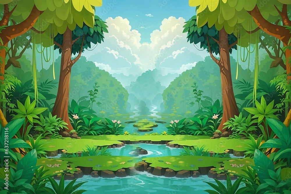 Vector wild background forest illustration with cartoon trees amp jungle scenery nature drawing fantasy