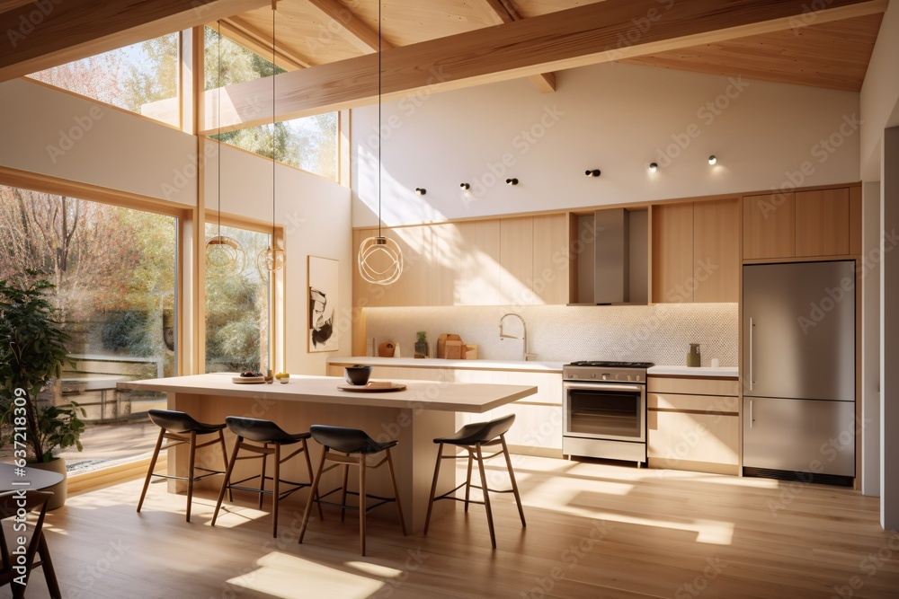 Interior of modern kitchen with wooden walls, wooden floor and white countertops with built in appliances. 3d rendering
