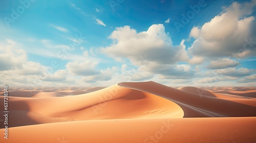 fantastic dunes in the desert at sunny day with clouds with an oasis