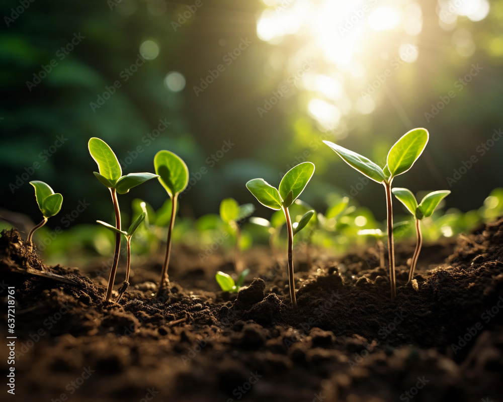 Seedlings are growing on a rich soil with morning lights in the garden background Seedlings are growing on a rich soil with morning lights in the garden background