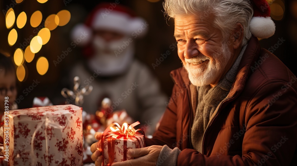Love, couple elderly and gift on date with smile. Happy and excited together Love, couple elderly and gift on date with smile. Happy and excited together