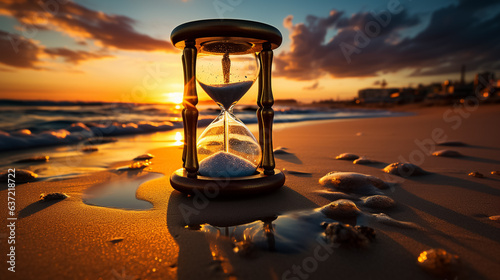 A close-up photograph of an hourglass place on ocean sand in a sunset background