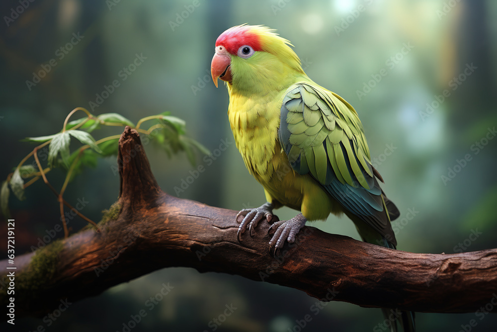 Obraz premium Image of parakeet bird sticking on the branches in the forest, Bird, Wildlife Animals., Generative AI, Illustration.