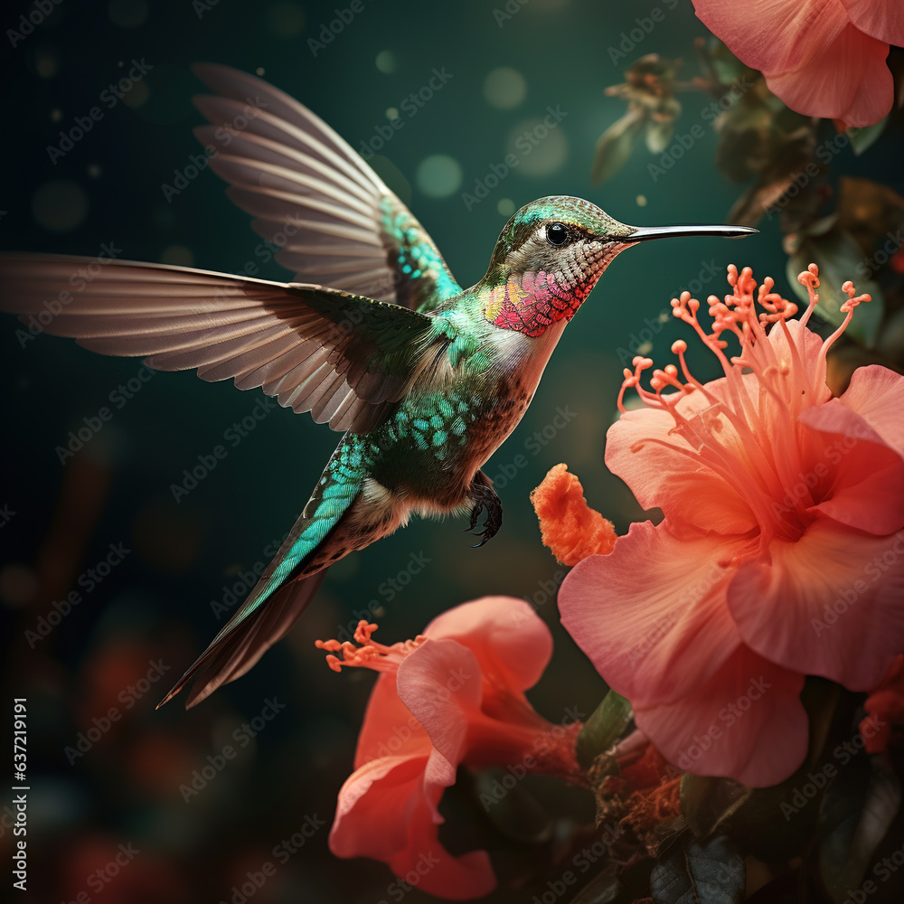 Image of a hummingbird flying, Bird, Wildlife Animals., Generative AI, Illustration.