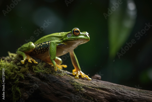 Image of green frog in nature forest. Amphibian. Illustration, Generative AI. © yod67