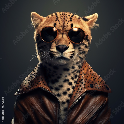 Image of a cheetah wore sunglasses and wore a leather jacket on clean background. Wildlife Animals. Illustration, Generative AI. © yod67
