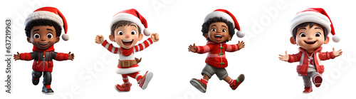 Set of 3D cartoon character happy funny child boys in red Christmas Santa Claus costume dancing have fun, isolated on white and transparent background, ai generate