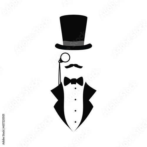 Elegant man with mustaches and monocle, black silhouette vector illustration isolated on white background.
