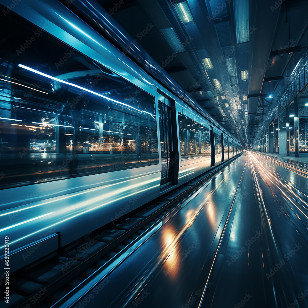 High speed train in motion on the railway station, Railroad with motion blur effect. Commercial transportation. Blurred background