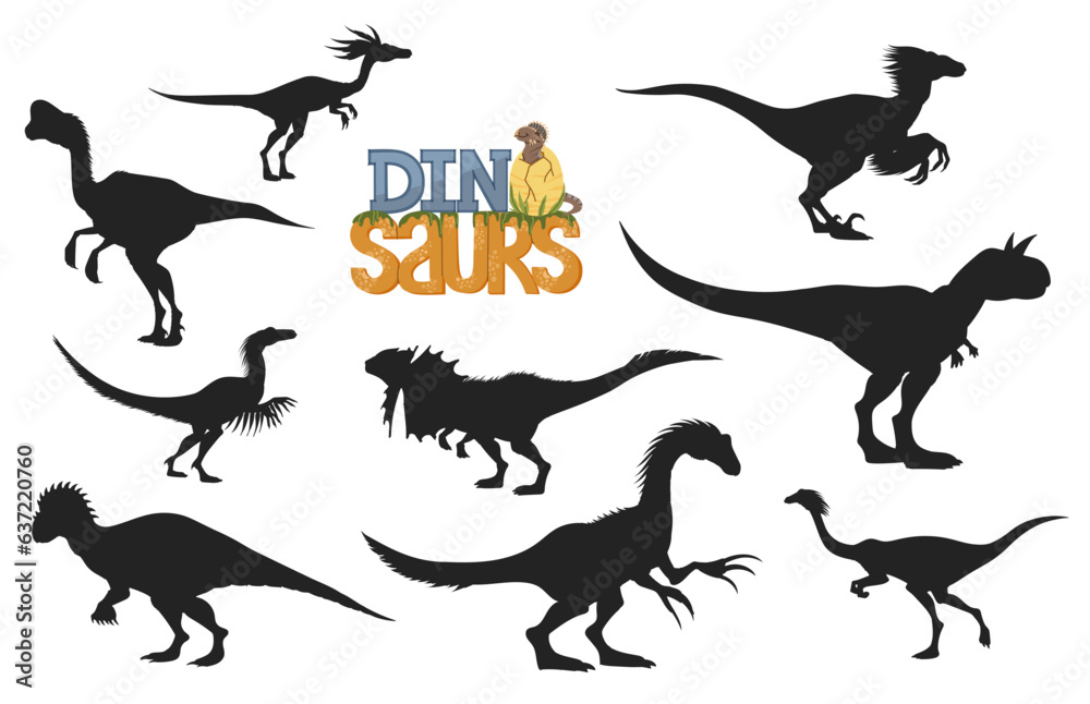 Cartoon dinosaur characters silhouettes of theropods prehistoric animals. Funny baby dino with egg, velociraptor, dilophosaurus and carnotaurus, oviraptor, gallimimus, compsognathus and troodon