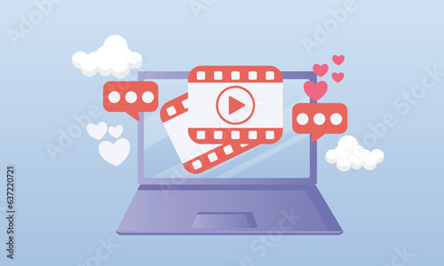 Play video icon on laptop screen movie icon.on blue background.Vector Design Illustration.