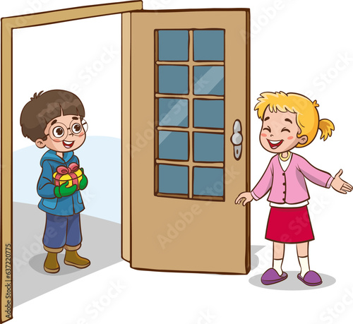 Vector illustration of girl welcoming her friend at the door
